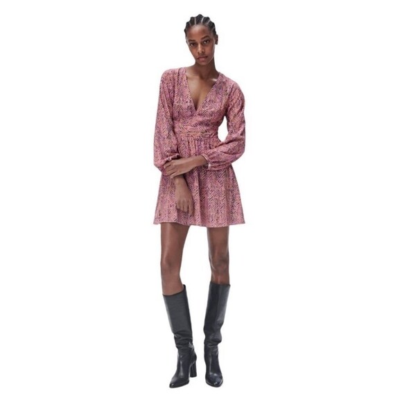 Zara Pink Mix Balloon Sleeve Retro Skater Style Mini Dress Small Deep V-Neck - Picture 1 of 6